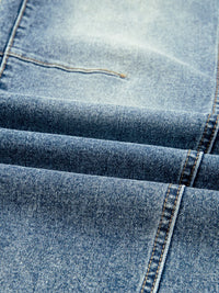 Close-up of blue denim fabric with stitching details