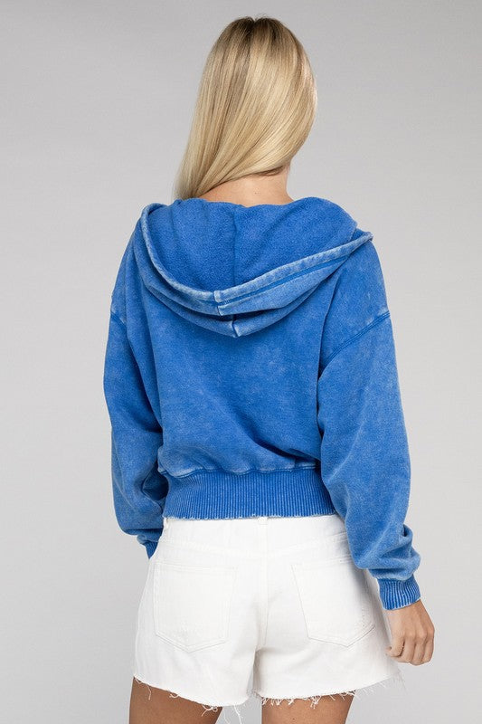 Blue Fleece Cropped Zip-Up Hoodie