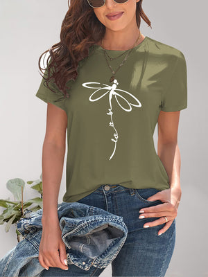 Green Dragonfly Graphic Round Neck Short Sleeve T-Shirt