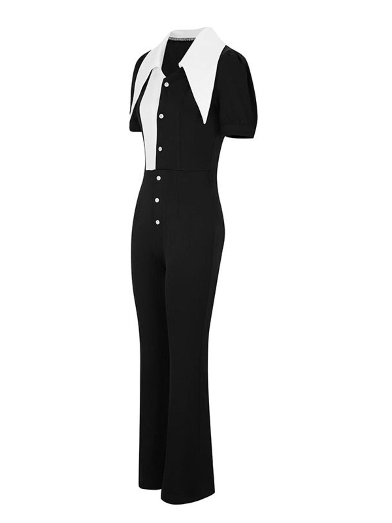 Black and white jumpsuit with a collar on a white background