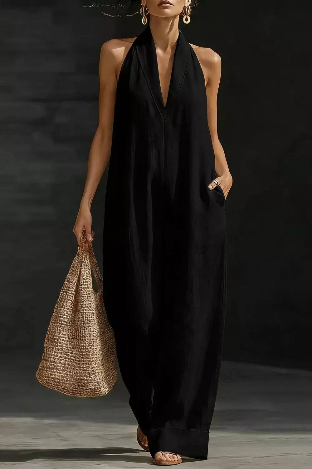 Woman wearing a black sleeveless dress holding a woven bag against a dark background
