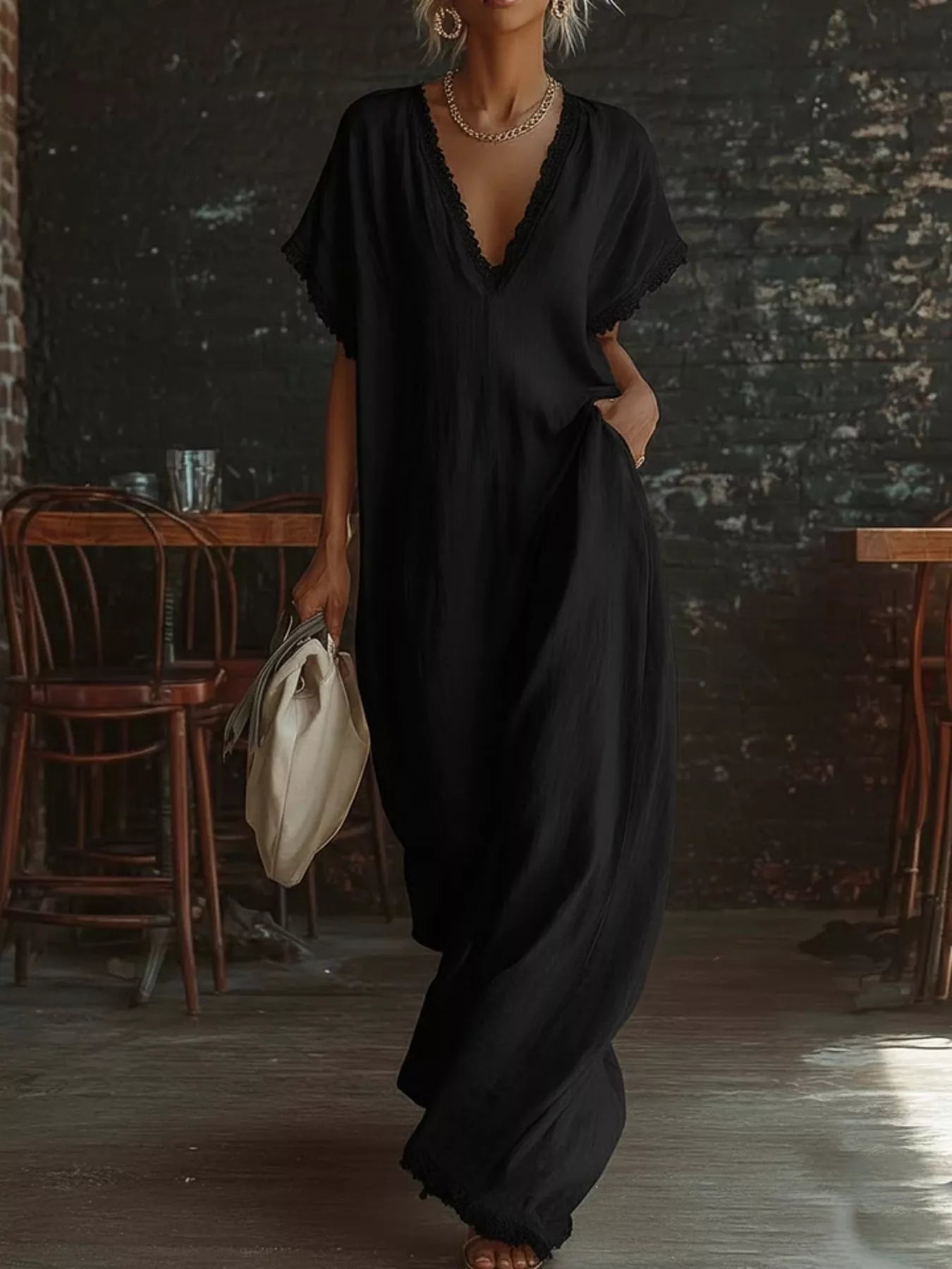 Person wearing a black dress in a dimly lit room with wooden chairs.