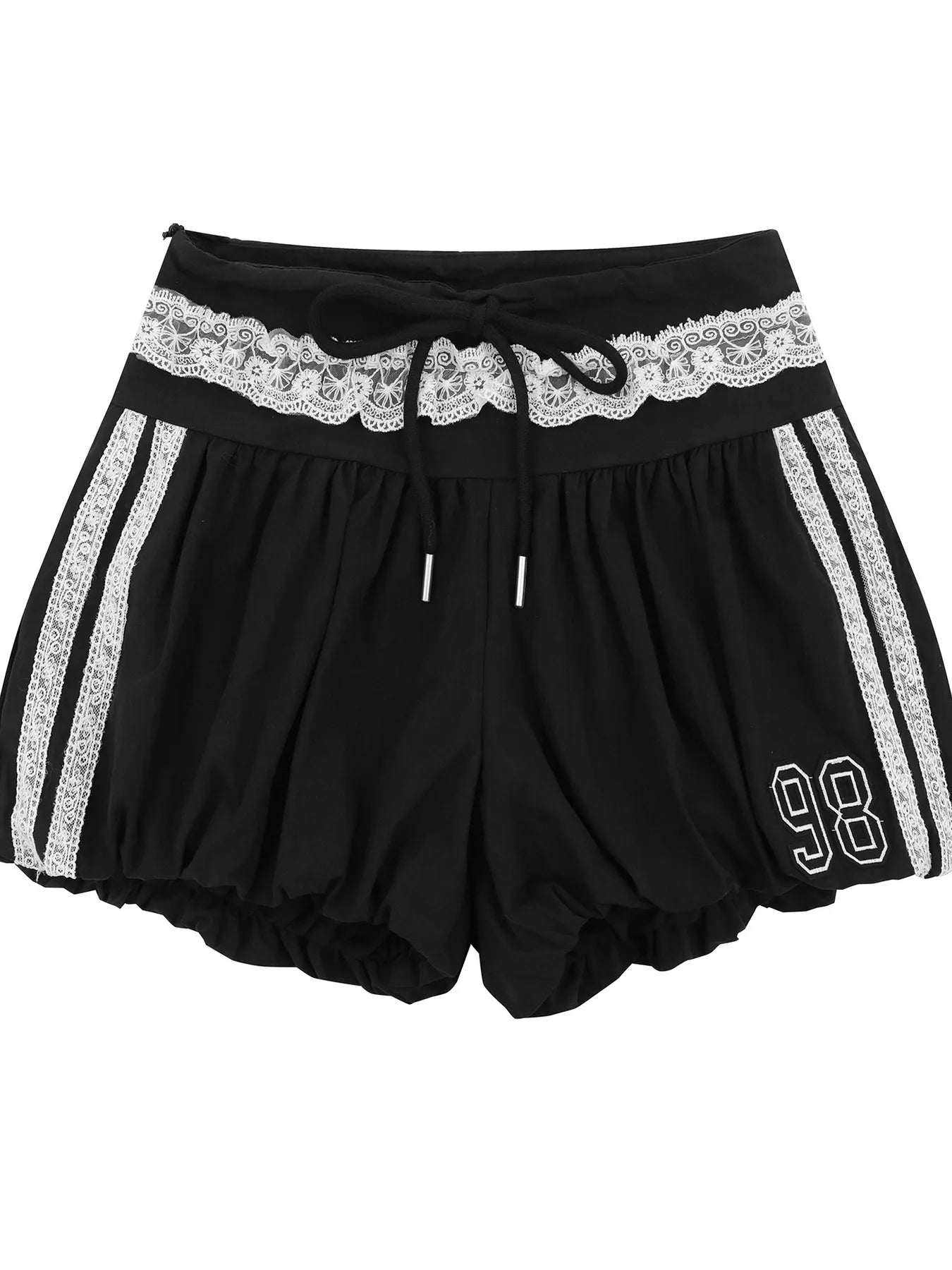Black shorts with white lace waistband and stripes on a white background