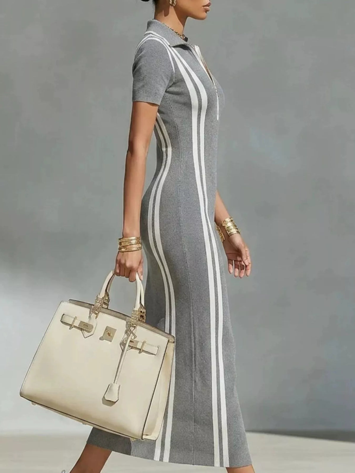 A woman wearing a gray short-sleeve midi dress with white vertical stripes, holding a cream-colored structured handbag with gold hardware, set against a plain gray studio background.