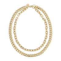 A two-layered gold-colored necklace with a rounded curb chain design and a lobster clasp.