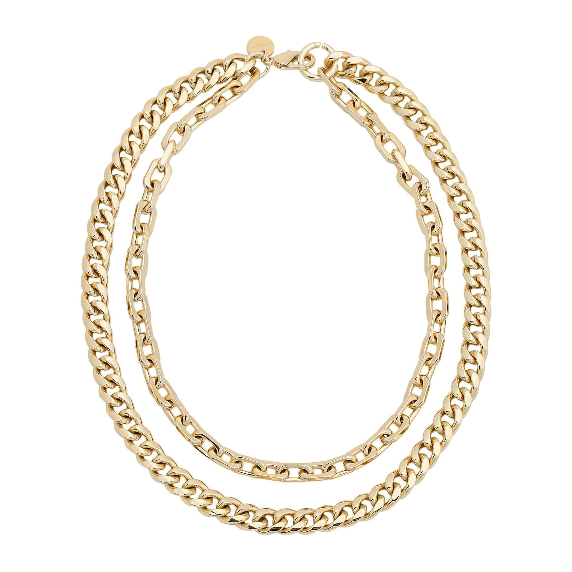 A two-layered gold-colored necklace with a rounded curb chain design and a lobster clasp.