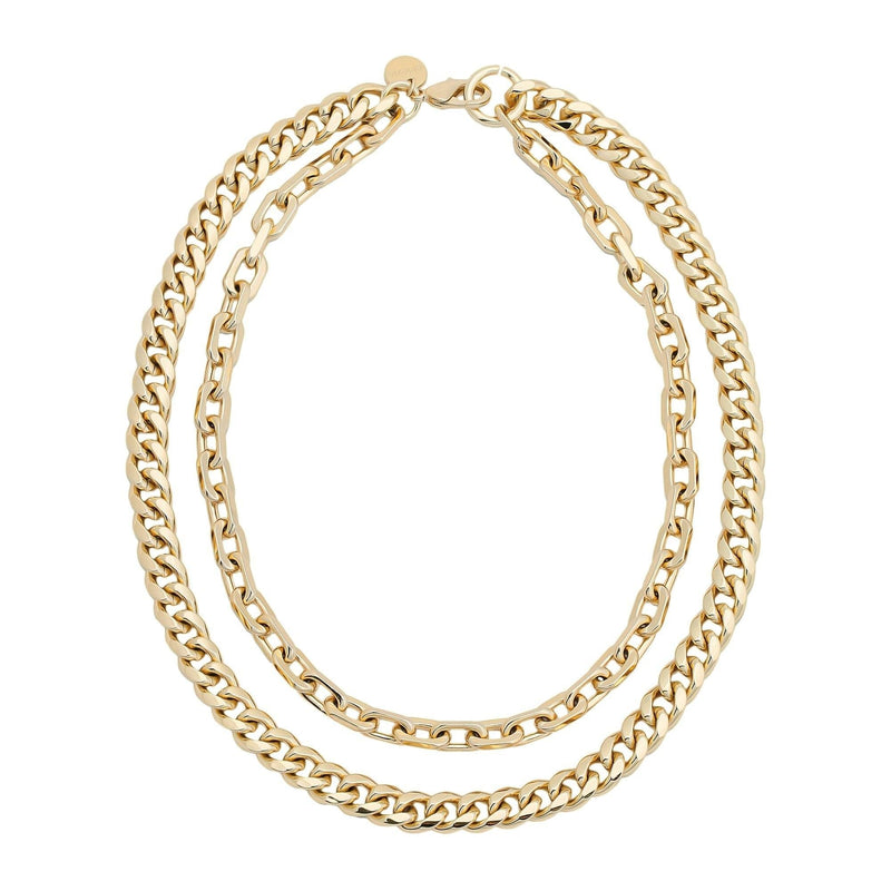 A two-layered gold-colored necklace with a rounded curb chain design and a lobster clasp.