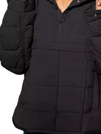 Close-up of a black puffer jacket with a hood on a white background