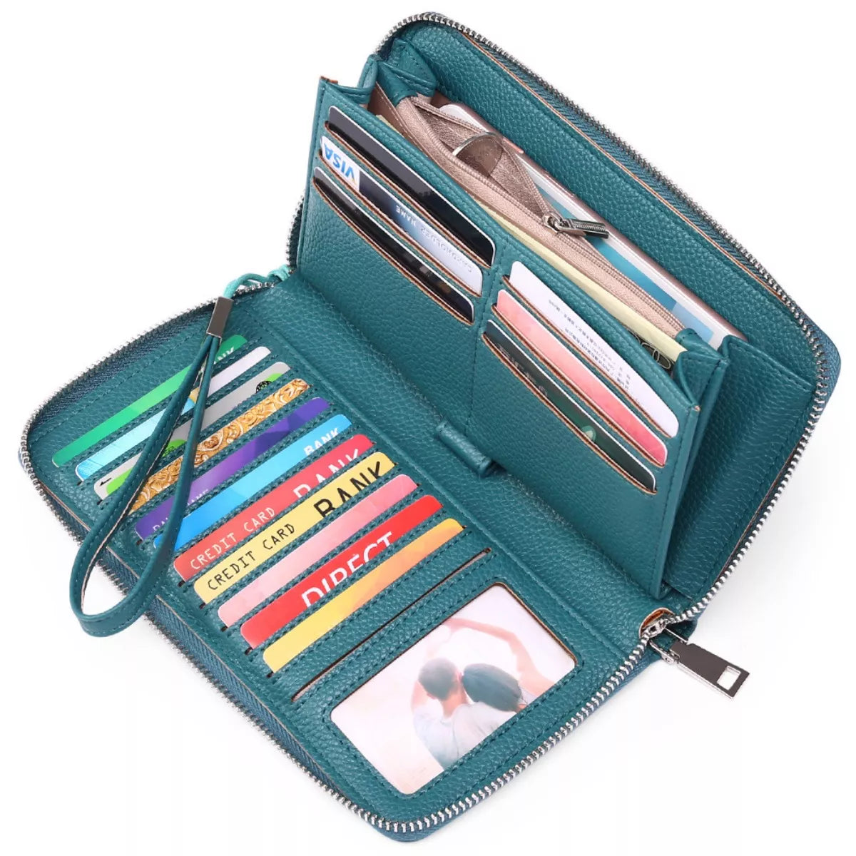 Teal wallet with card slots and a photo pocket on a white background