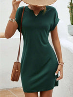 Close up view of green Notched Short Sleeve Mini Tee Dress