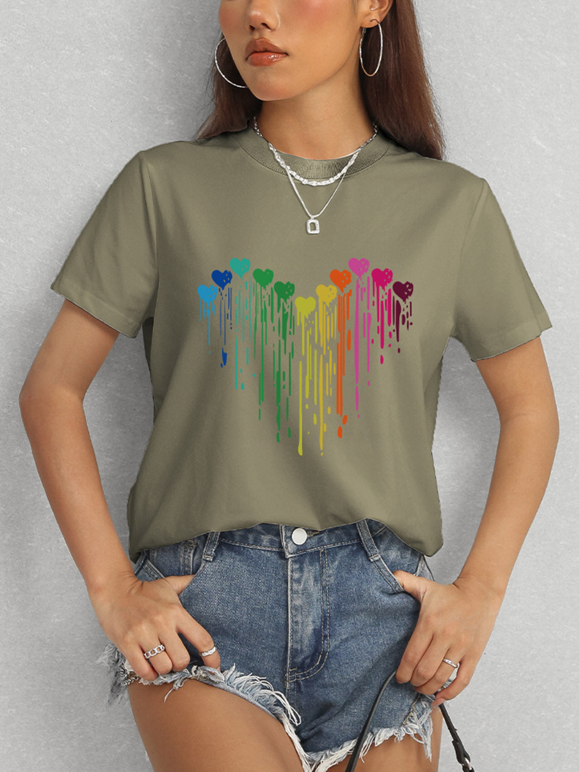 Front view of Heart Round Neck Short Sleeve T-Shirt