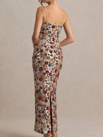 Woman wearing a floral dress with a beige background