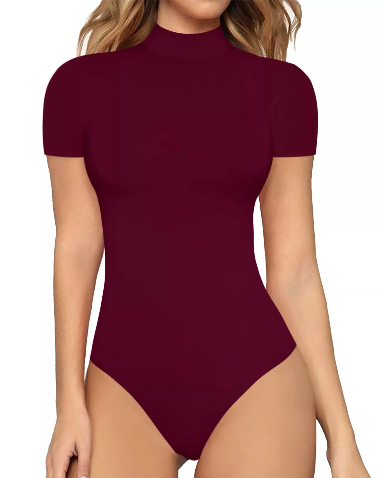 Maroon bodysuit worn by a model on a white background