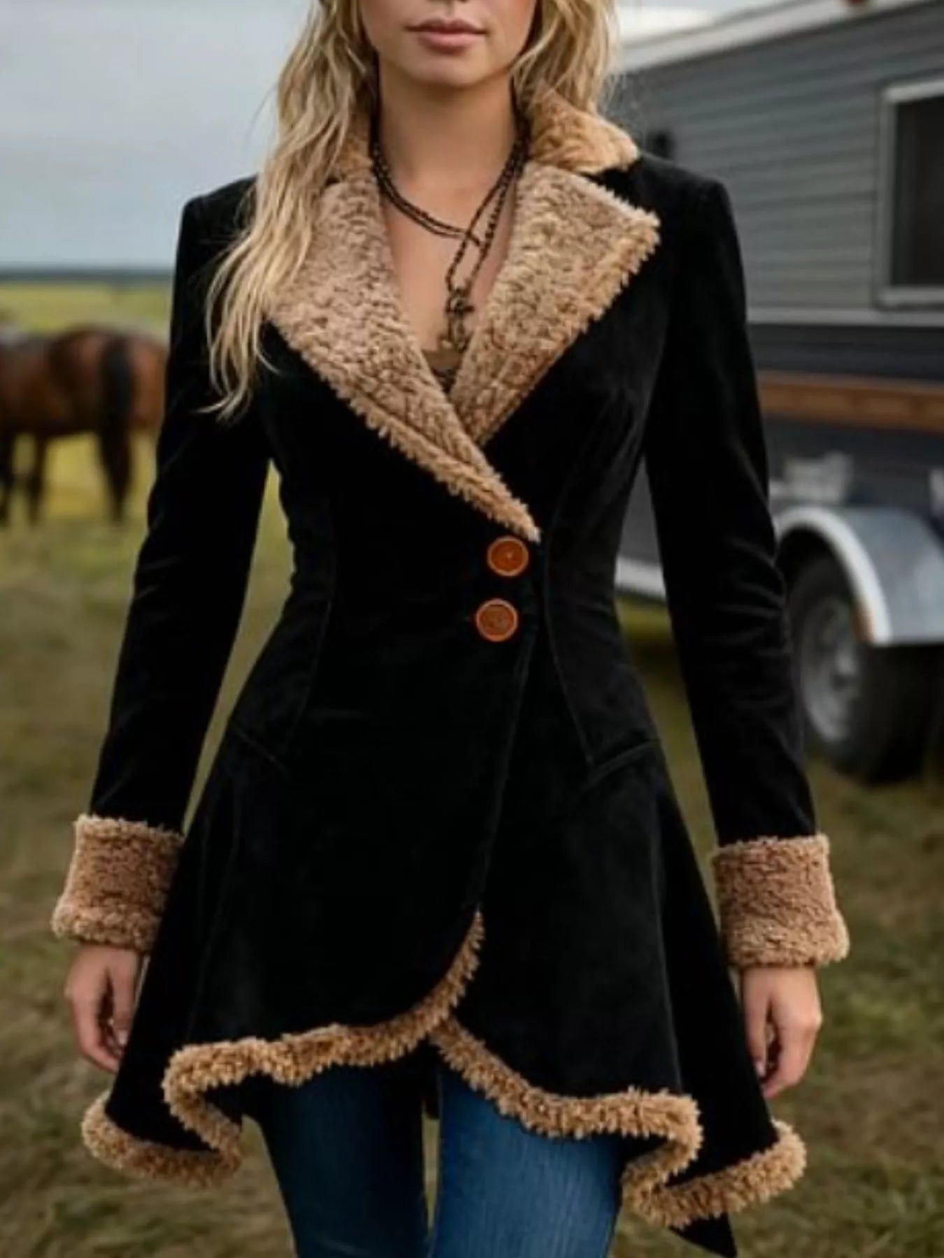 Woman wearing a black coat with beige fur trim in an outdoor setting with horses and a truck.