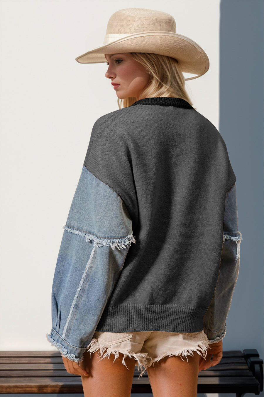 Back view of Double Take Full Size Star Pattern Raw Edge Long Sleeve Sweater