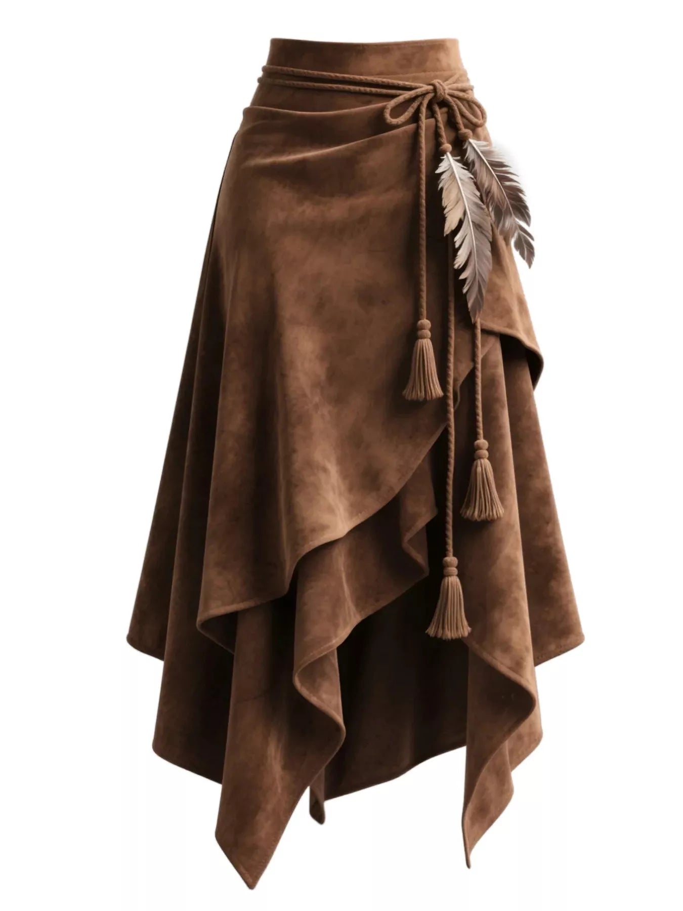 Brown suede skirt with feather and tassel detail on a white background