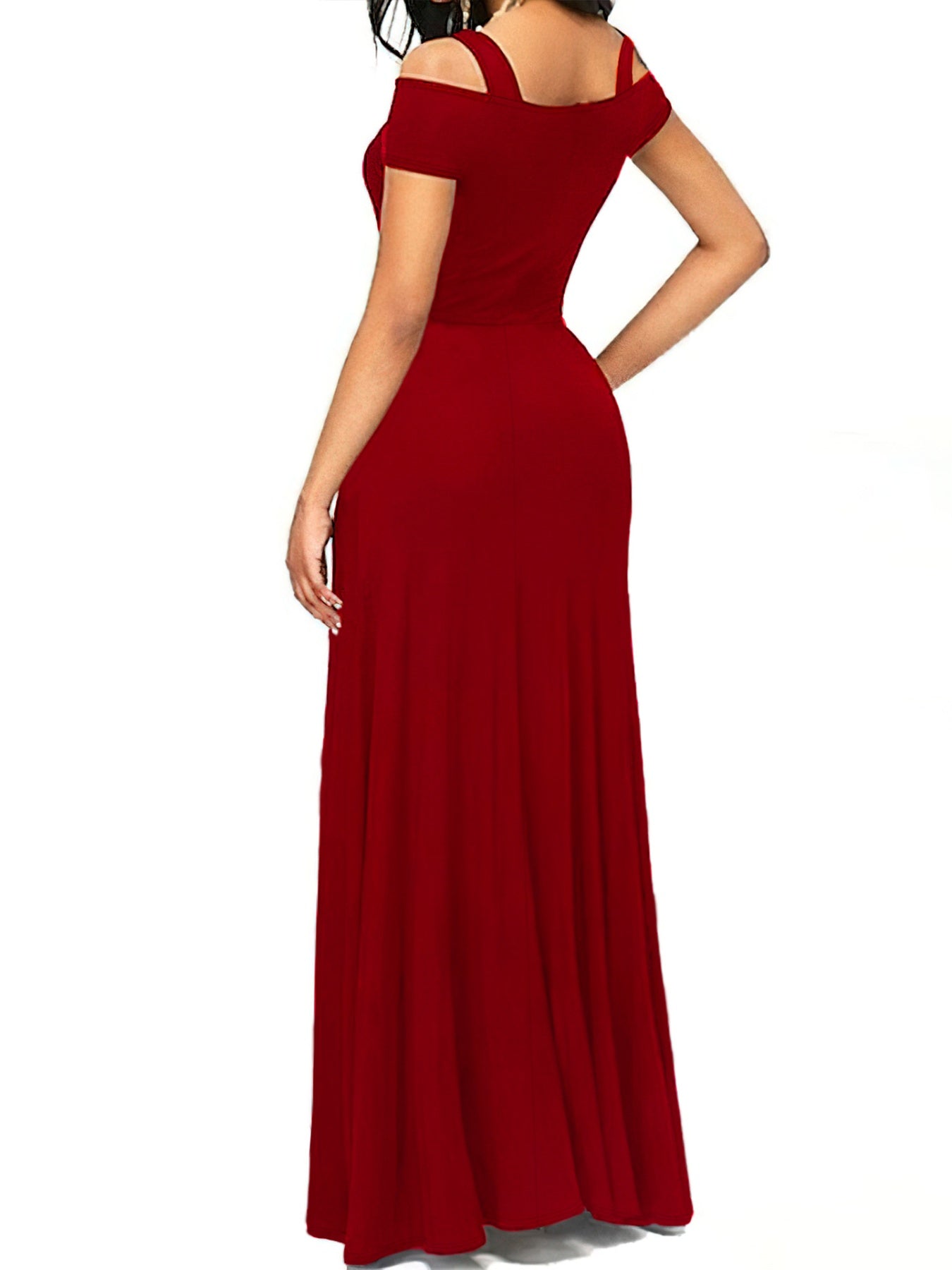 Red evening gown with off-shoulder design on a white background