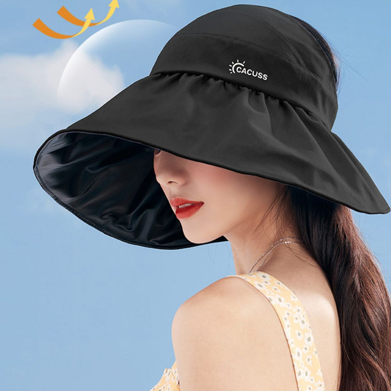 Woman wearing a black sun hat with a blue sky background