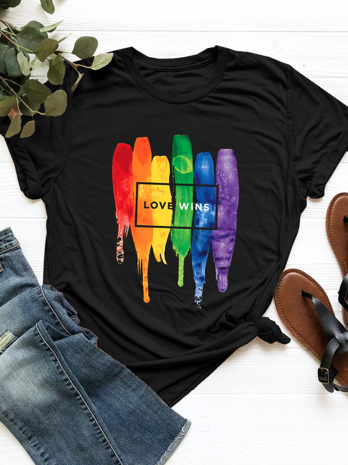 view of black Graphic Round Neck Short Sleeve T-Shirt