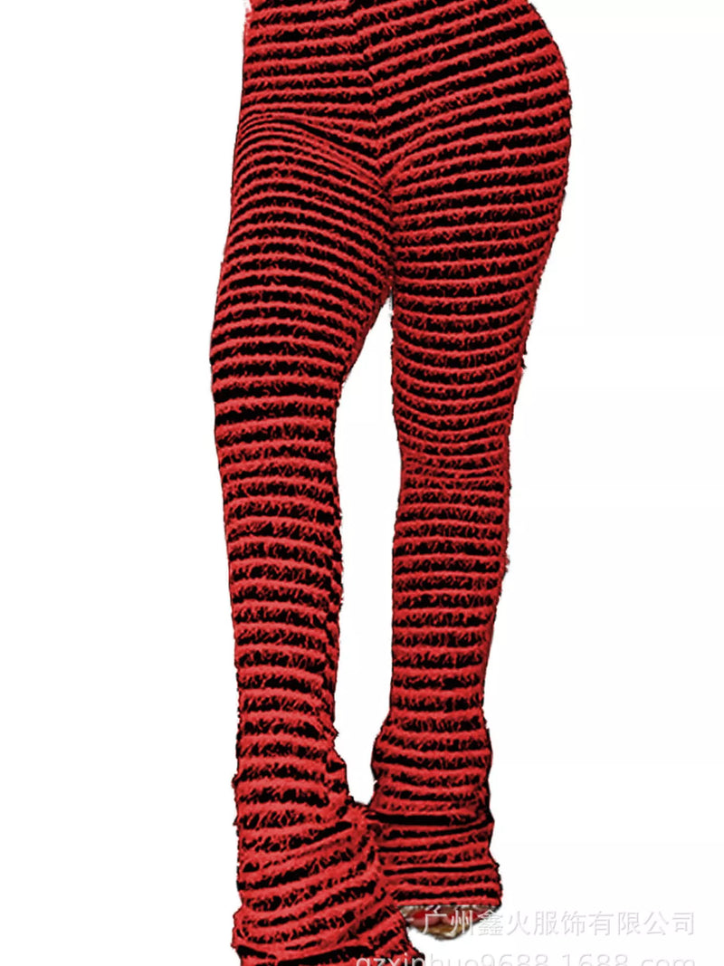 Red and black striped ribbed knit leggings shown on a cropped lower-body mannequin or model against a plain white background.
