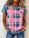 Women Casual Summer Denim Patchwork Short Sleeve Blouse