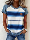 Women Casual Summer Denim Patchwork Short Sleeve Blouse