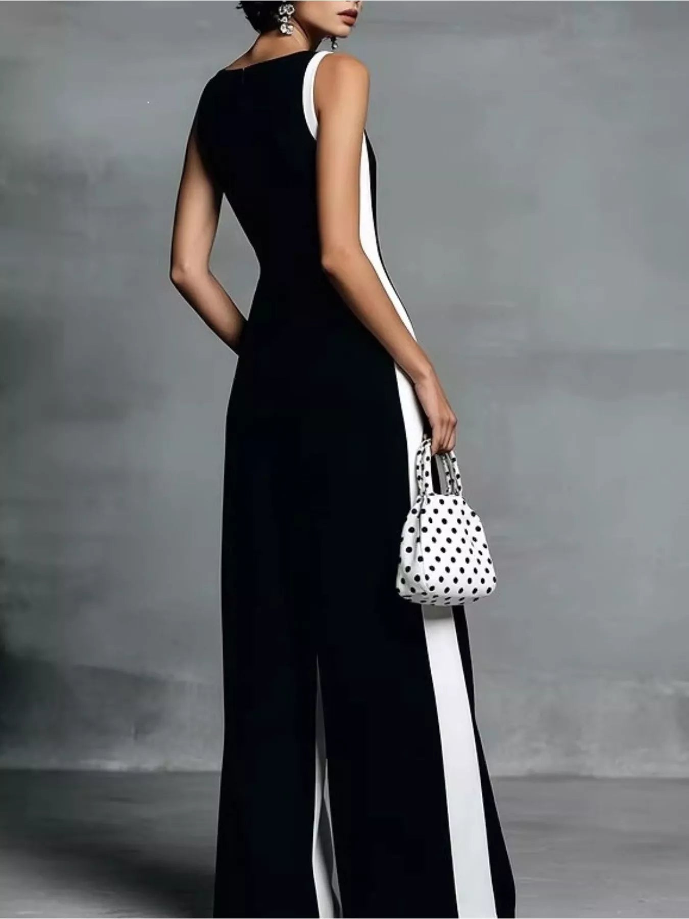 Woman in a black and white dress holding a polka dot handbag against a gray background