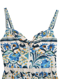 Floral patterned top with blue and green flowers on a white background