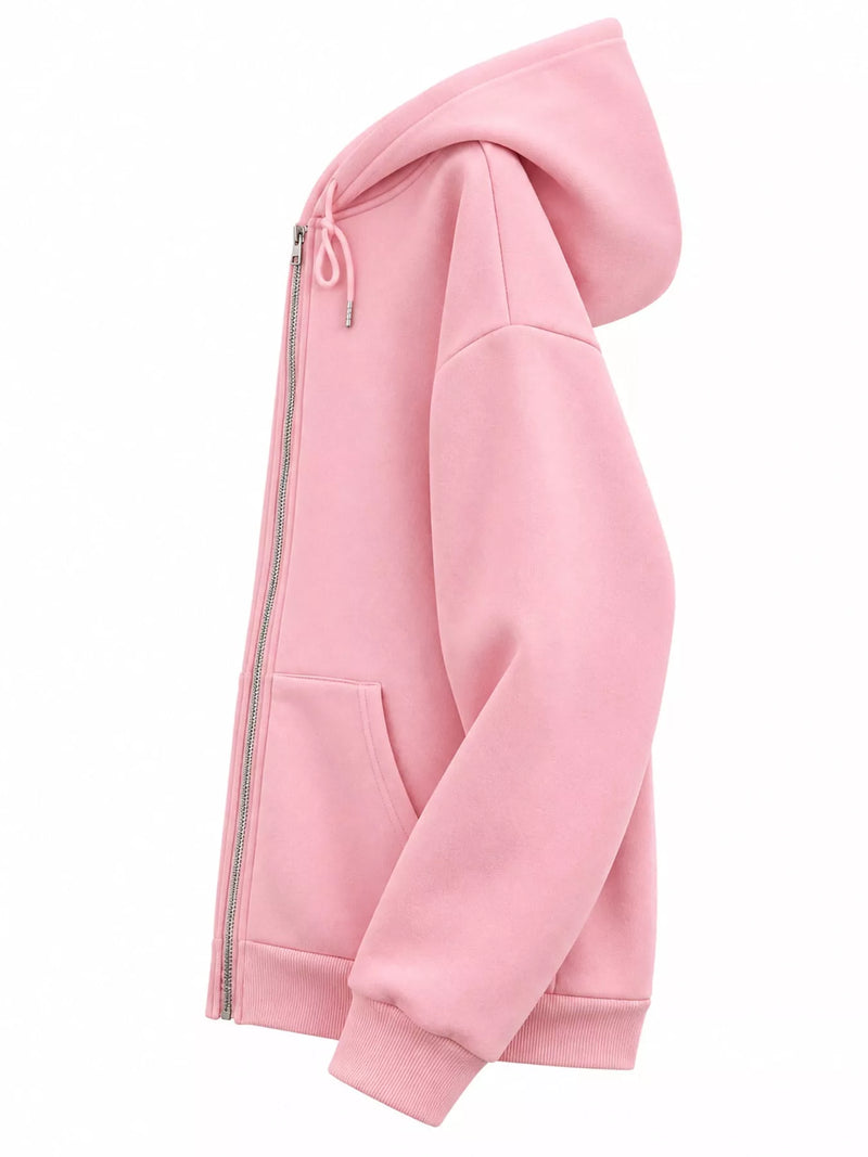 A light pink zip-up hoodie shown from a side profile view against a plain white background.