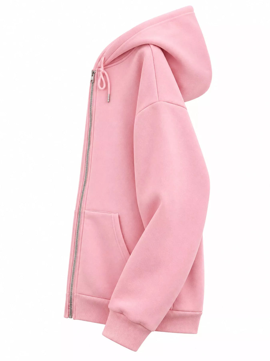 A light pink zip-up hoodie shown from a side profile view against a plain white background.