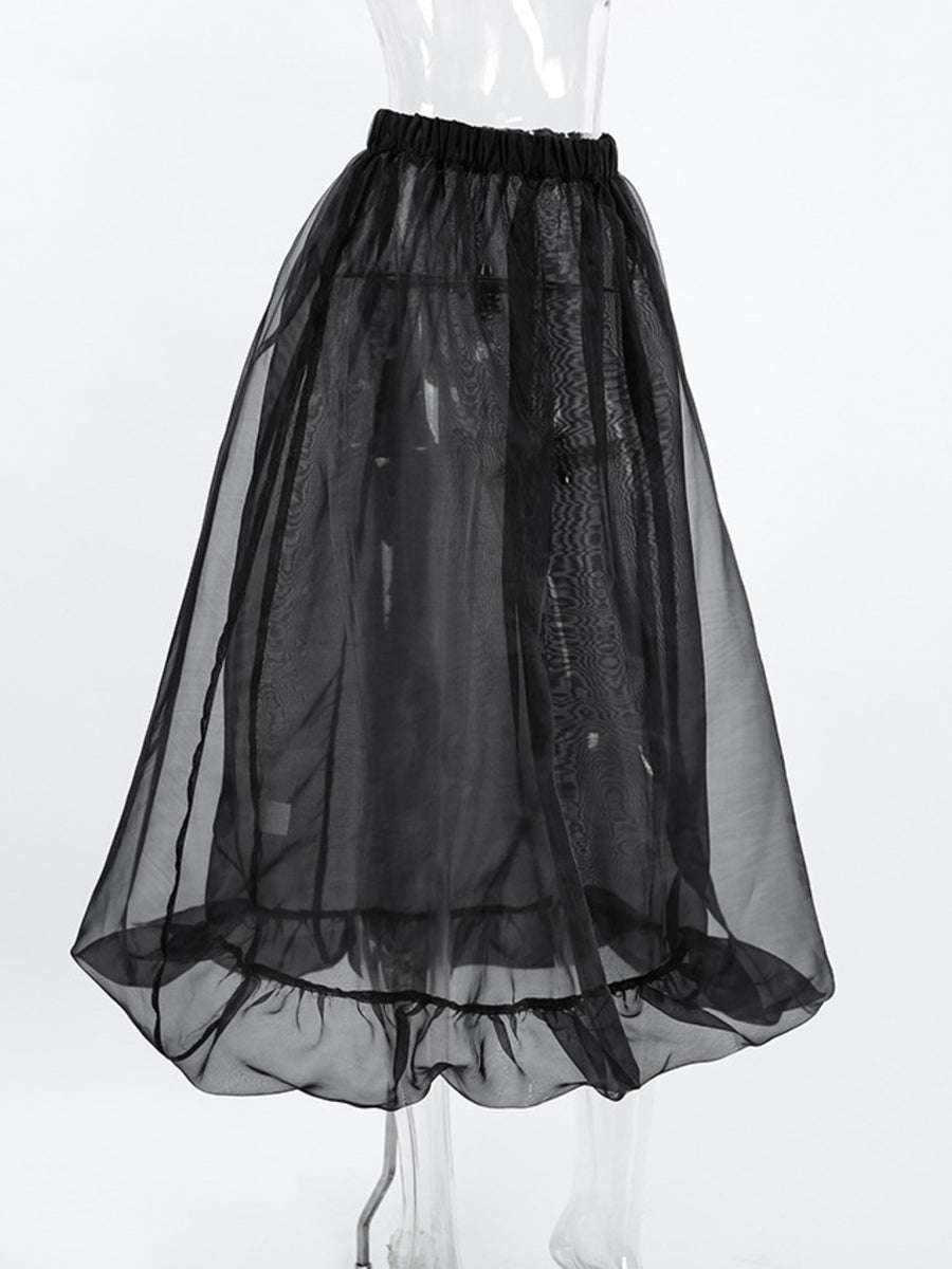 Black sheer petticoat on a mannequin against a white background