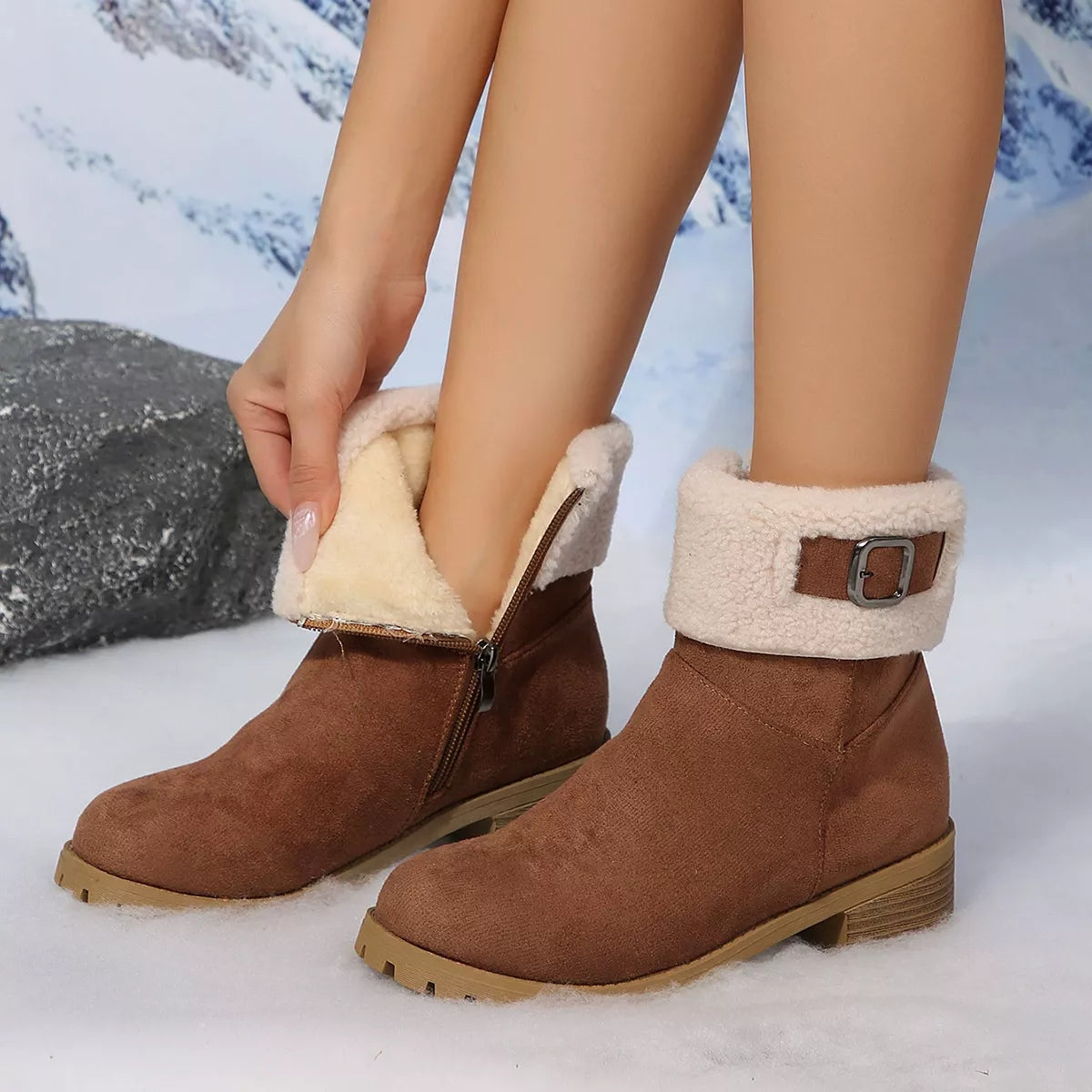 Woman showing off the new and improve Round Toe Block Heels Boots