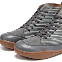 Gray high-top sneakers with brown soles on a white background