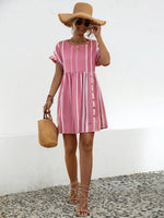 A front view of pink Striped Polka Dot Frill Short Sleeve Mini Dress 