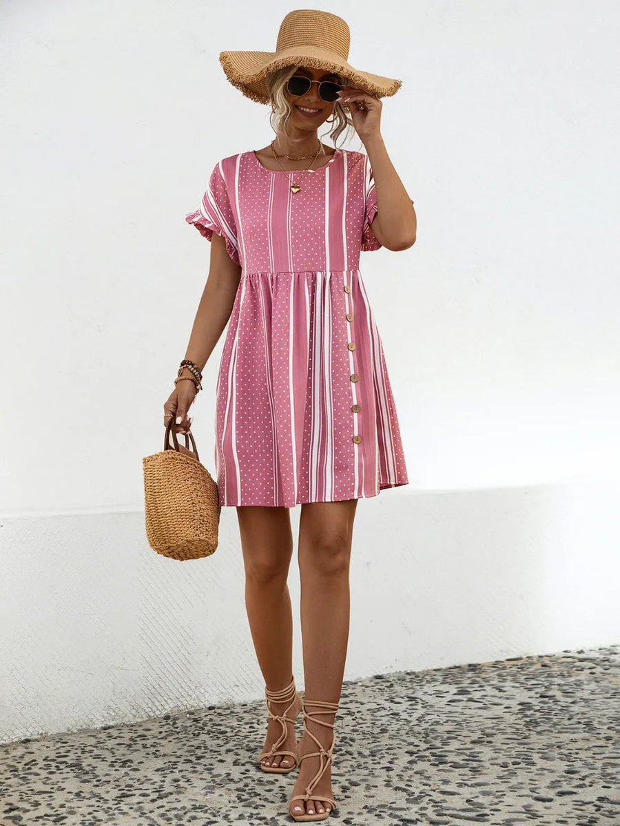 A front view of pink Striped Polka Dot Frill Short Sleeve Mini Dress 