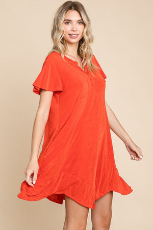 Side view of Culture Code Full Size Short Sleeve Ruffled Asymmetric Hem Dress