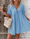 V-Neck Tie-Front Mini Dress with Puff Sleeves