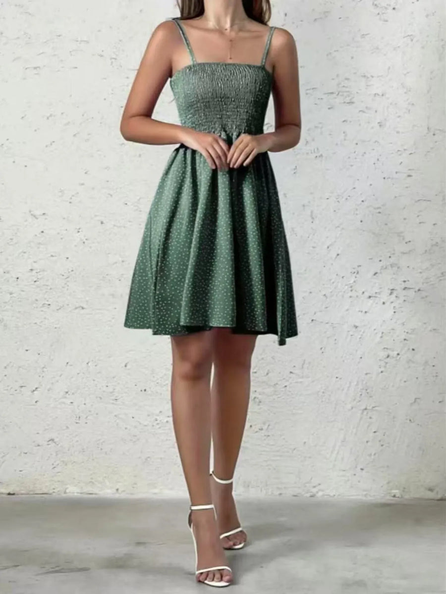 Full view of green Full Size Smocked Square Neck Cami Dress Plus Size