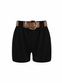 Black shorts with a brown belt on a white background
