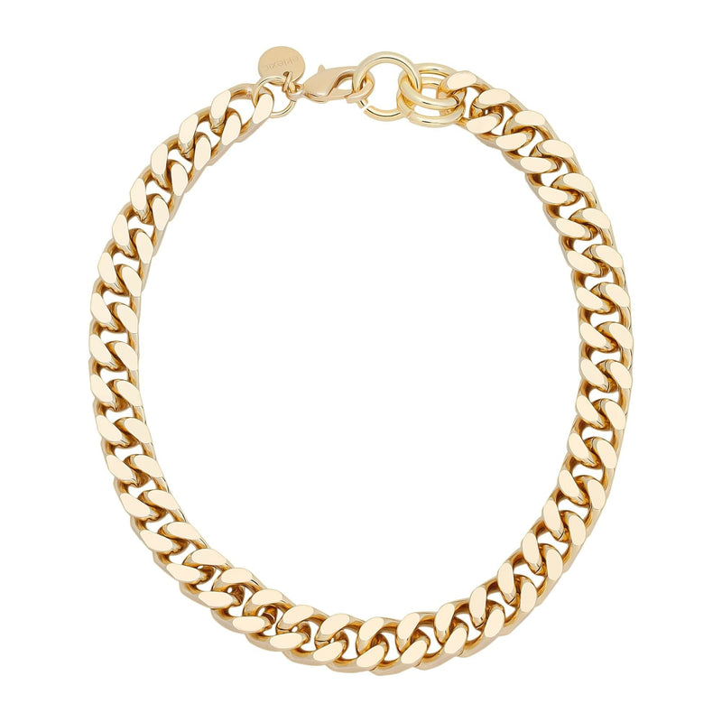 A gold-colored curb chain choker with a clasp.