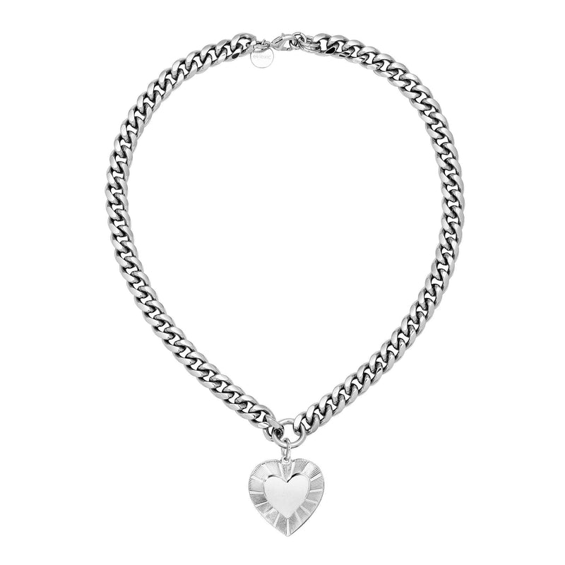 A silver curb chain necklace with a heart pendant.
