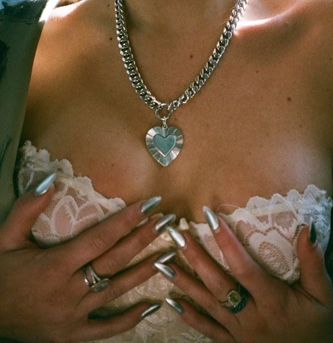 Model showing Curb Chain & Heart Pendant Necklace