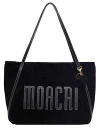 Black tote bag with 'MOACRI' branding on a white background