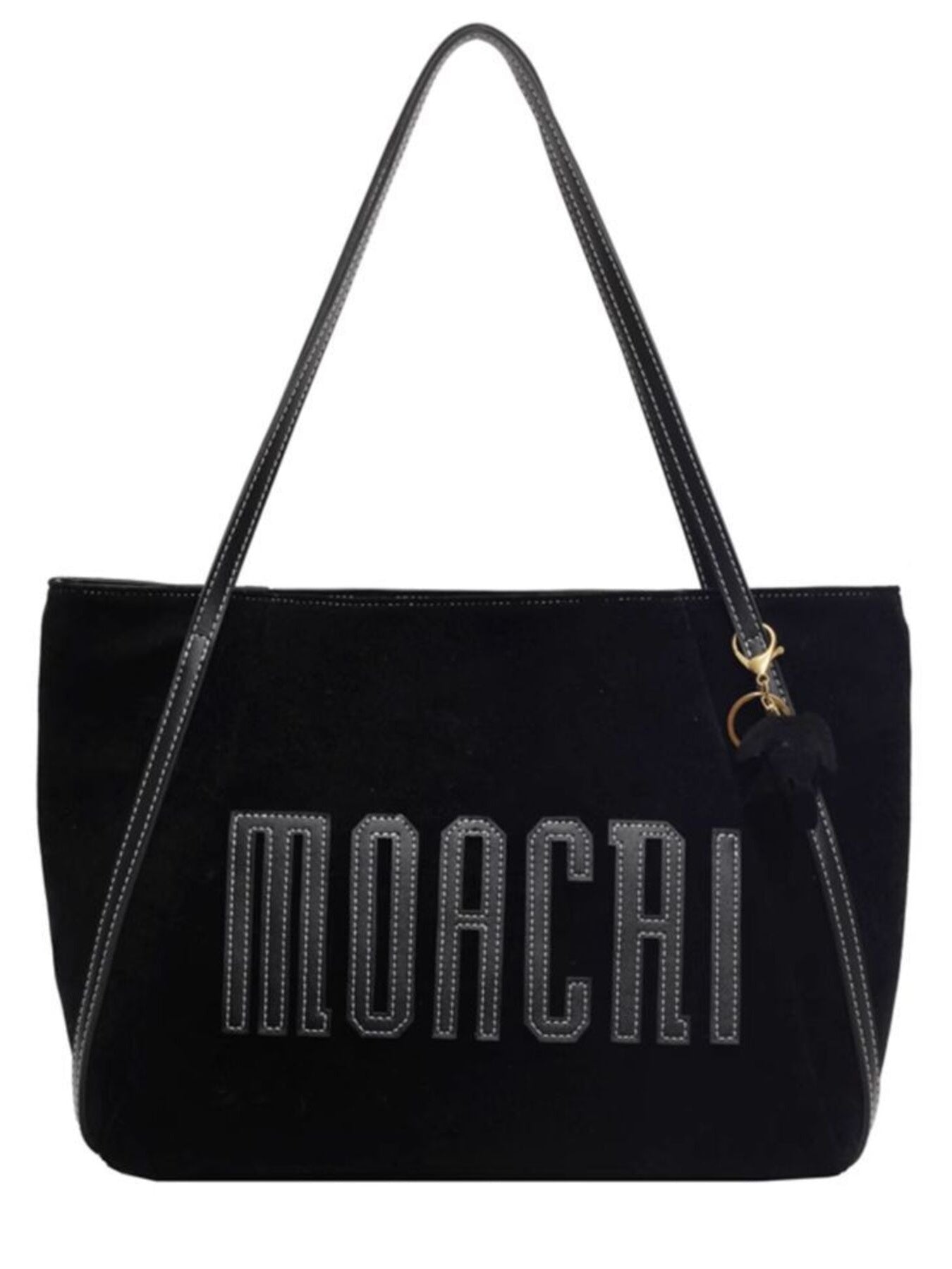 Black tote bag with 'MOACRI' branding on a white background