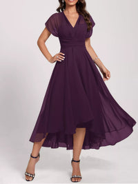 Purple dress with a V-neck and short sleeves on a white background