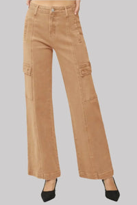 Tan cargo pants on a gray background