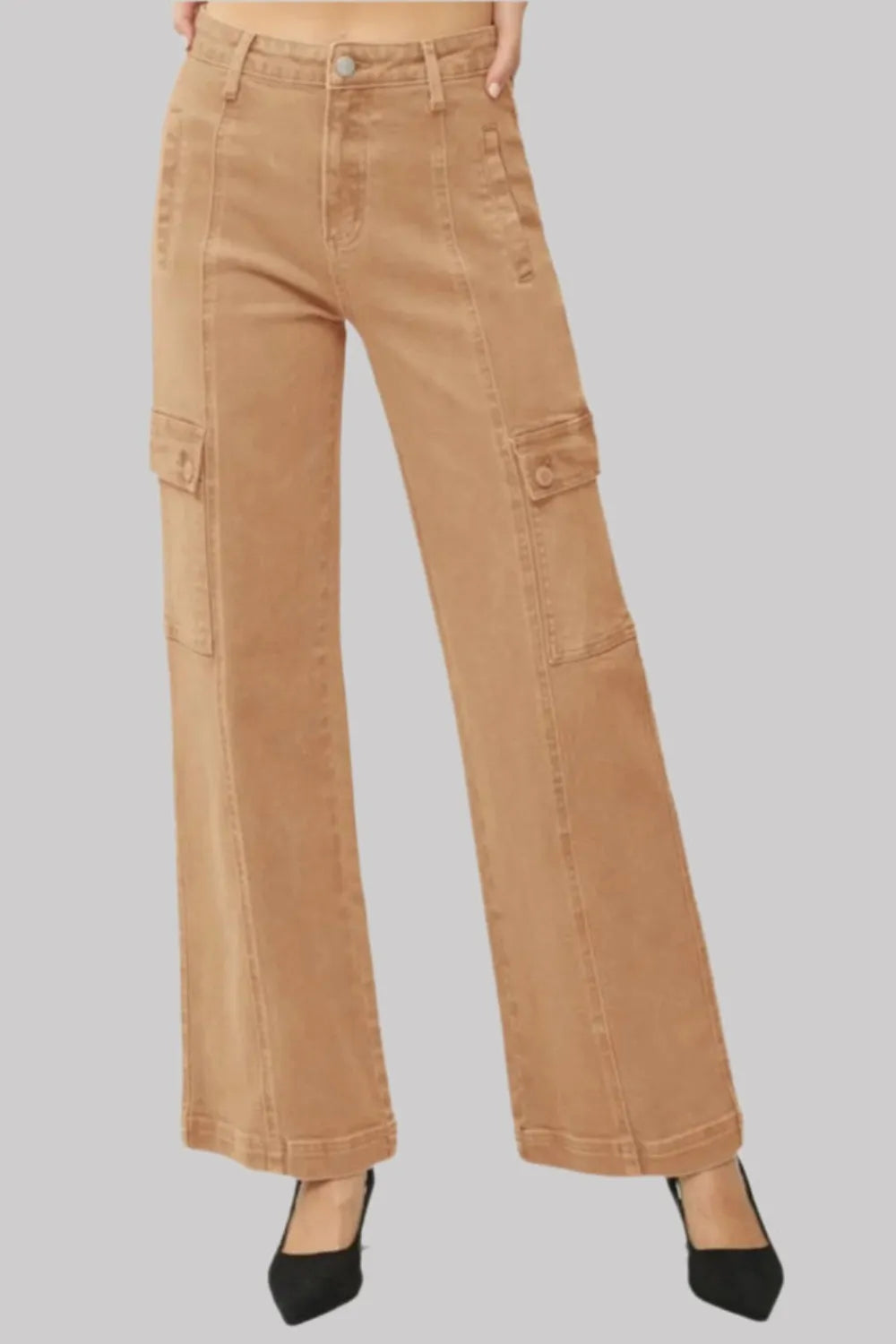Tan cargo pants on a gray background