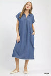 Women Umgee Stone Washed Collared Denim Midi Dress