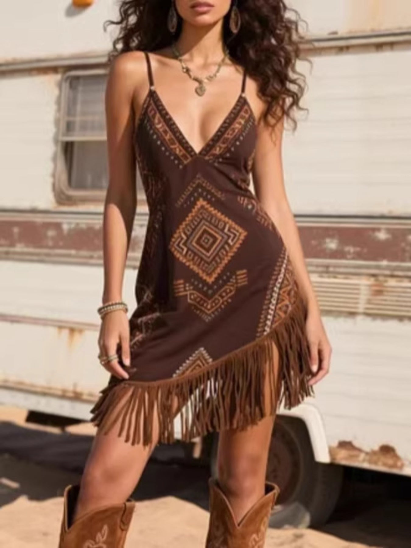 Woman wearing a brown patterned dress with fringe in front of a rustic vehicle.