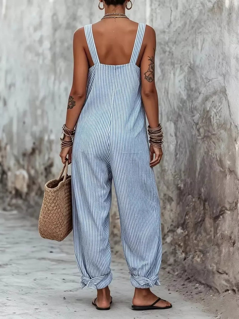back view of Full Size Striped Square Neck Wide Leg Jumpsuit Plus Size